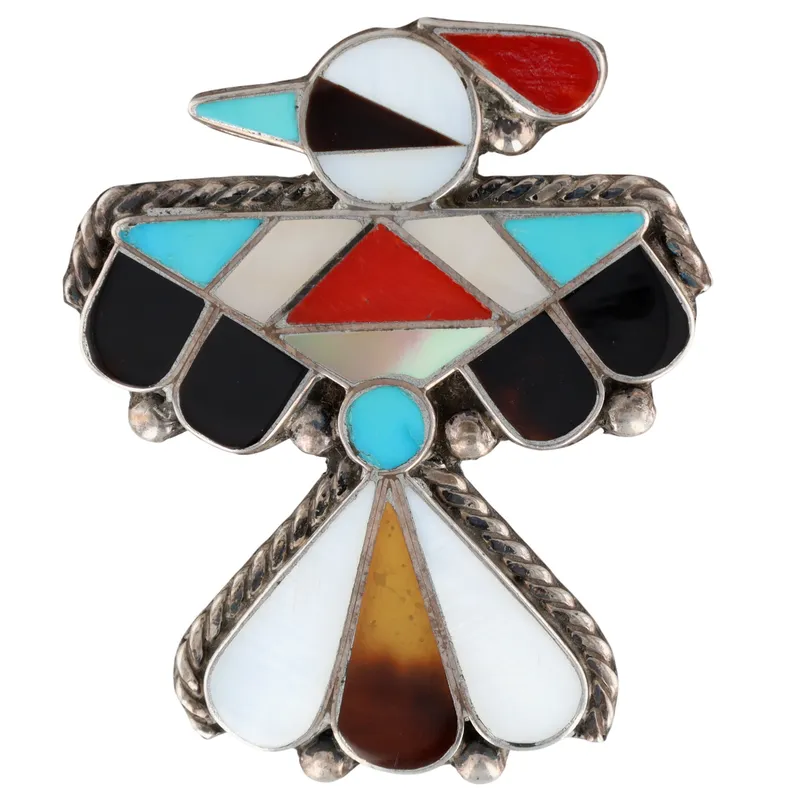 Vintage Zuni Sterling Multi-Stone Inlay Thunderbird Brooch from auction in Ravenna, Ohio — image 46