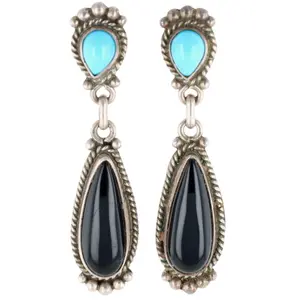 Signed Navajo Sterling Turquoise Onyx Dangle Earrings
