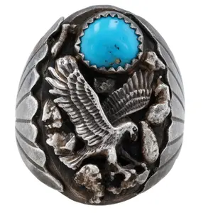 Navajo Sterling Turquoise Eagle Ring Sz 12