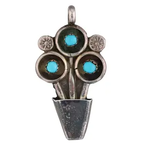 Vintage Zuni Sterling Turquoise Flower Pot Pendant