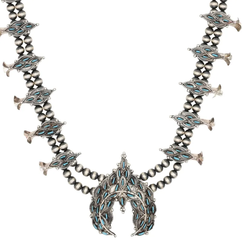 Lerna Mahkee Zuni Sterling Kingman Turquoise Needlepoint Squash Blossom Necklace from auction in Ravenna, Ohio — image 2
