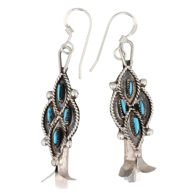 Lerna Mahkee Zuni Sterling Block Kingman Turquoise Needlepoint Squash Blossom Earrings from auction in Ravenna, Ohio — image 3