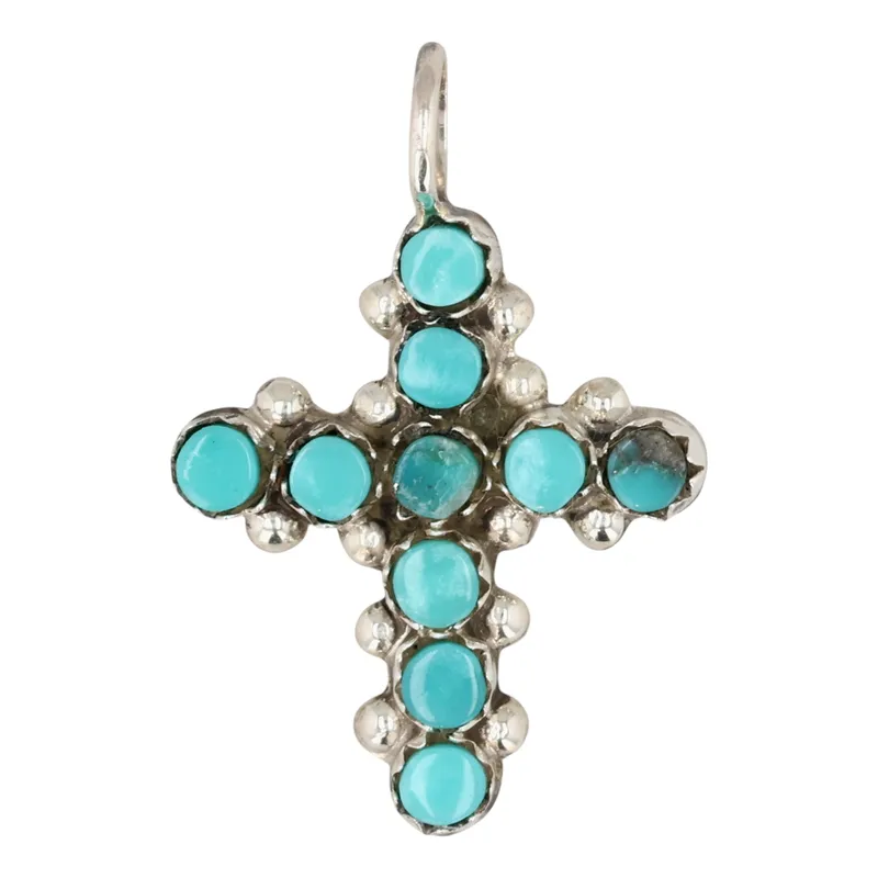 Marlon Quam Zuni Sterling Turquoise Snake Eye Cross Pendant from auction in Ravenna, Ohio — image 16