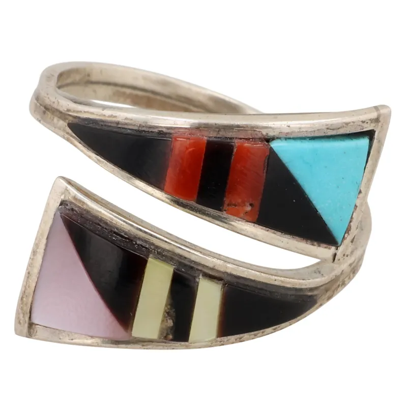 Signed Zuni Sterling Multi-Stone Inlay Adjustable Ring from auction in Ravenna, Ohio — image 29