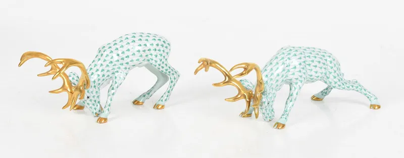Two Hand-Painted and Parcel-Gilt Herend Porcelain Green Fishnet Stags, Late 20th Century from auction in Pineville, Pennsylvania — image 3