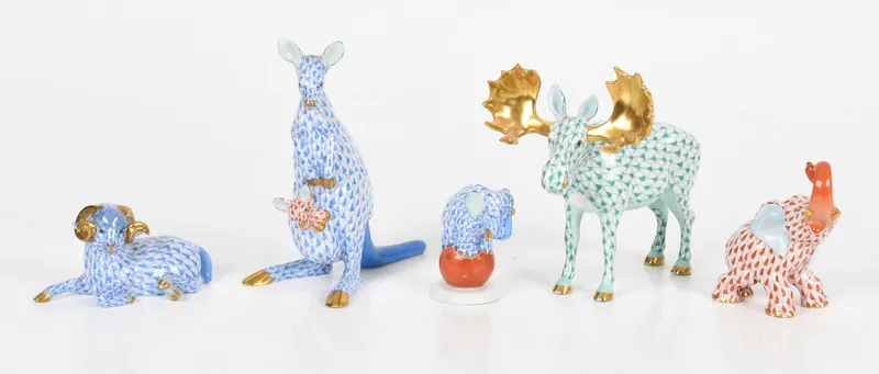 Five Hand-Painted Fishnet Herend Porcelain Animals, Late 20th Century from auction in Pineville, Pennsylvania — image 4