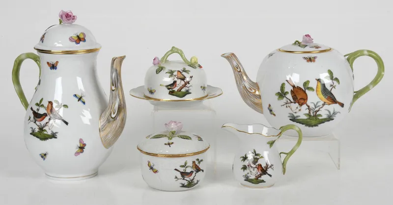 A Five Piece Hand-Painted Herend "Rothschild Bird" Porcelain Tea and Coffee Set, Late 20th Century from auction in Pineville, Pennsylvania — image 14