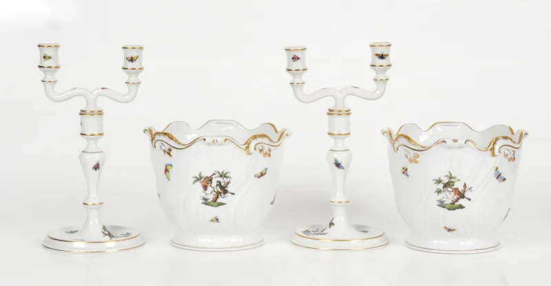A Pair of Hand-Painted Herend Porcelain "Rothschild Bird" Cachepots and Candelabra, Late 20th from auction in Pineville, Pennsylvania — image 15