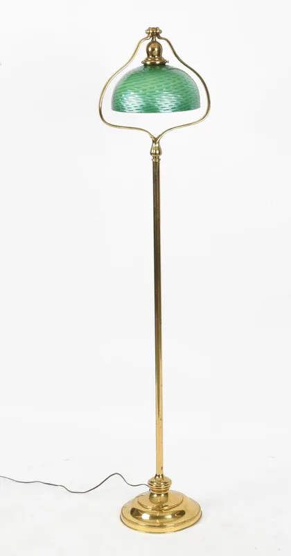 A Brass Harp Floor Lamp with Iridescent Green Glass Shade, 20th Century from auction in Pineville, Pennsylvania — image 29