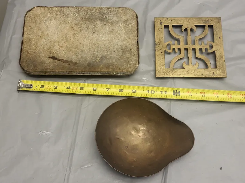 estate lot antique iron stand, oriental brass trivet & scale dish  from auction in wilmington , North Carolina — image 43
