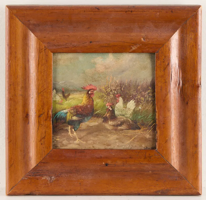 Signed Rooster & Hens Oil on Board Painting from auction in Saint Paul, Minnesota — image 42