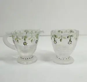Hand-Painted Frosted Glass Creamer and Sugar