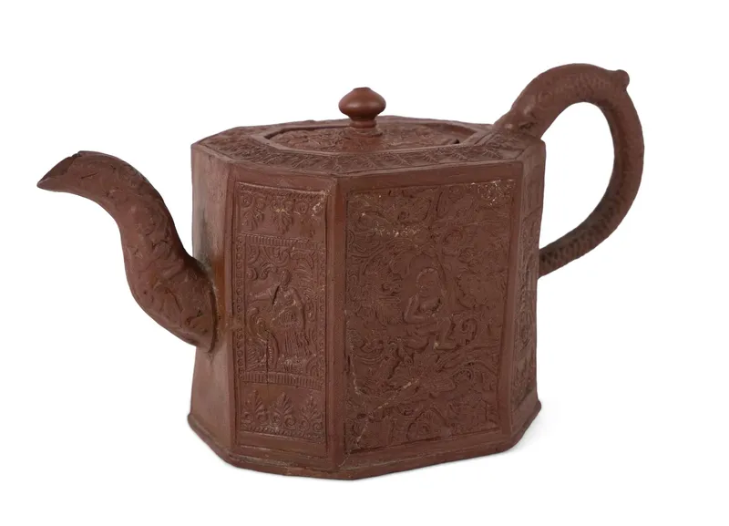 Relief-Molded "Indian Boy" Pattern Staffordshire Red Stoneware / Redware Teapot from auction in Bloomfield, New Jersey — image 3