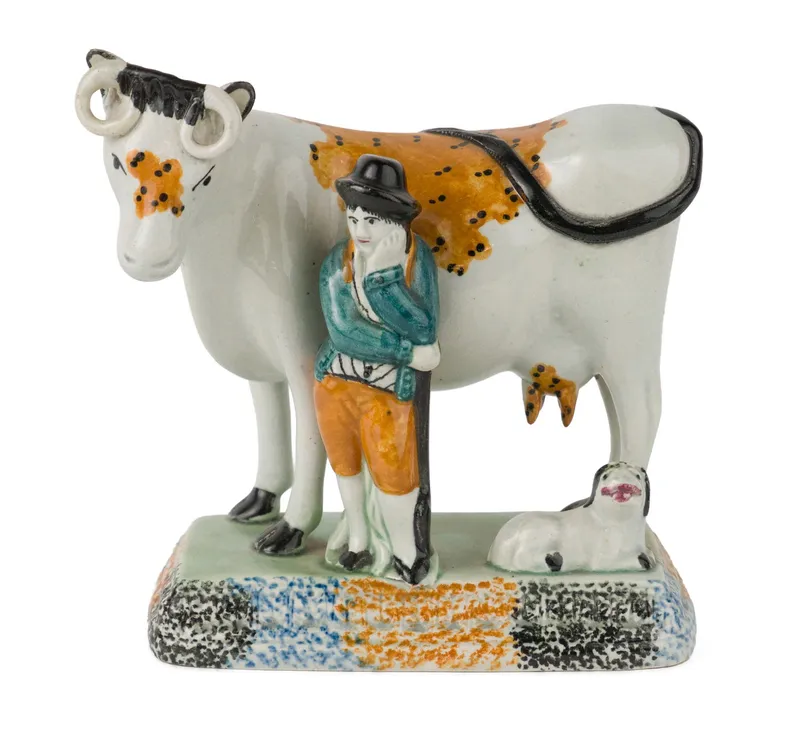 English Yorkshire Prattware / Pearlware Cow and Shepherd Figural Group from auction in Bloomfield, New Jersey — image 10