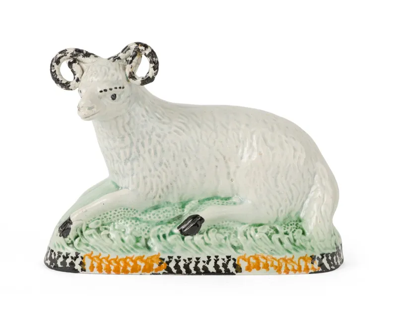 English Yorkshire Prattware / Pearlware Recumbent Sheep / Ram Figure from auction in Bloomfield, New Jersey — image 11