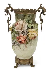 French Metal Mounted Barbotine Majolica Vase