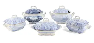 Five Ridgeways Blue Transferware Covered Serving Dishes