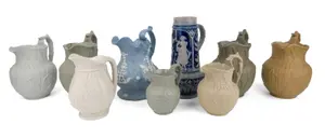 Five Ridgeway Molded Stoneware Cattails Pitchers
