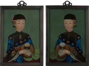 Pair of Chinese Reverse Painted Portraits of Girls with Pekinese