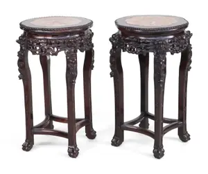Pair of Chinese Marble Inset Hardwood Stands