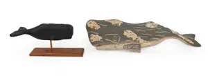 Two Painted Wood Decorative Sperm Whales