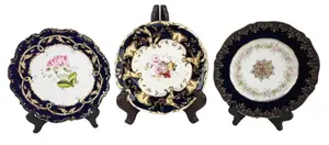 Three Sets of Floral, Cobalt, and Gilt Plates