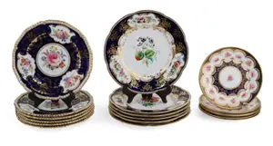 Three Sets of Floral, Cobalt, and Gilt Plates
