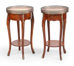 Pair of Louis XV Style Marquetry Inlaid Marble Top Gueridons