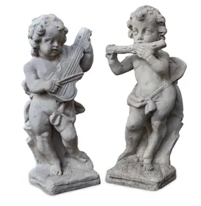 Pair of Cast Stone and Cast Resin Musical Putti