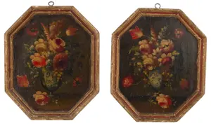 Pair of Still Lifes of Flowers in Vases, Oil on Board