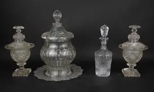 Colorless Molded Glass Punch Bowl with Lid and Underplate