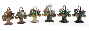 Six Painted Cast-Iron Flower Basket Doorstops
