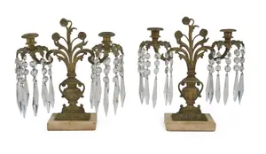Pair of Victorian Brass and Crystal Candelabra