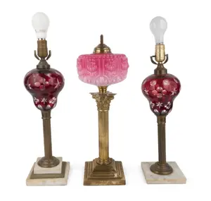 Three Brass and Glass Fluid Lamps