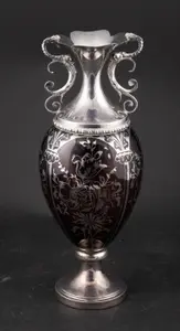 Silver Overlay and Cranberry Glass Footed Vase