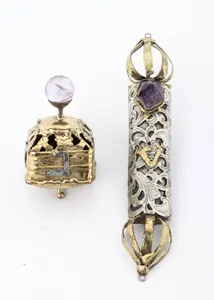 A HANDCRAFTED MEZUZAH AND DREIDEL. Probably Israel, c. 1990.