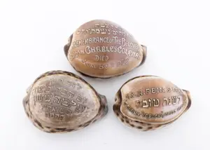 THREE JUDAICA CARVED COWRY SHELLS.