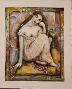 Mixed Media Painting of Woman Signed by Susan Kreig