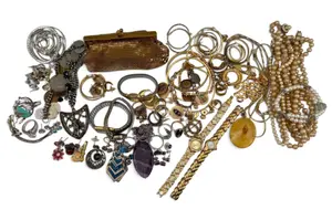 Large Grouping of Costume Jewelry Including Sterling Silver Earrings, Chain, & Ring, Vintage Whiting