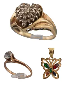 10k Gold Diamond, White Sapphire, and Multicolor Stones Rings & Butterfly Pendant