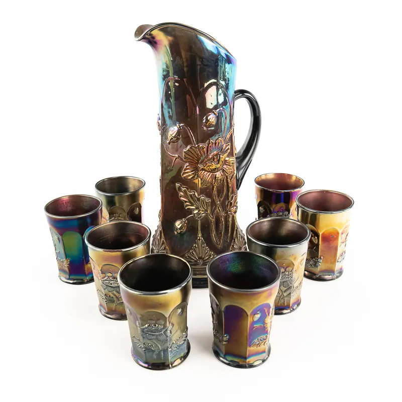 Carnival Glass N'wood Oriental Poppy 9pc Water Set from auction in Union, Illinois — image 8
