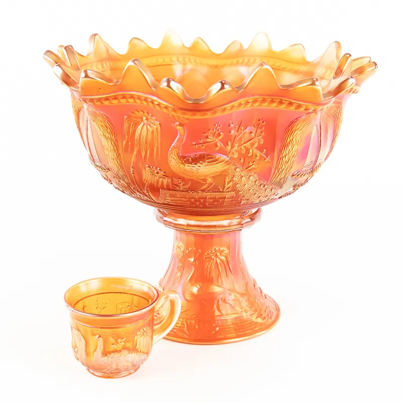 Carnival Glass N' wood Peacocks Fountain 3pc Punch from auction in Union, Illinois — image 7