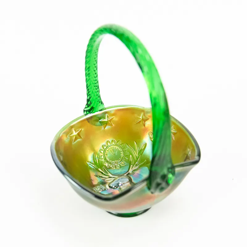 Carnival Glass: Fenton Green Mini Elks Basket from auction in Union, Illinois — image 35