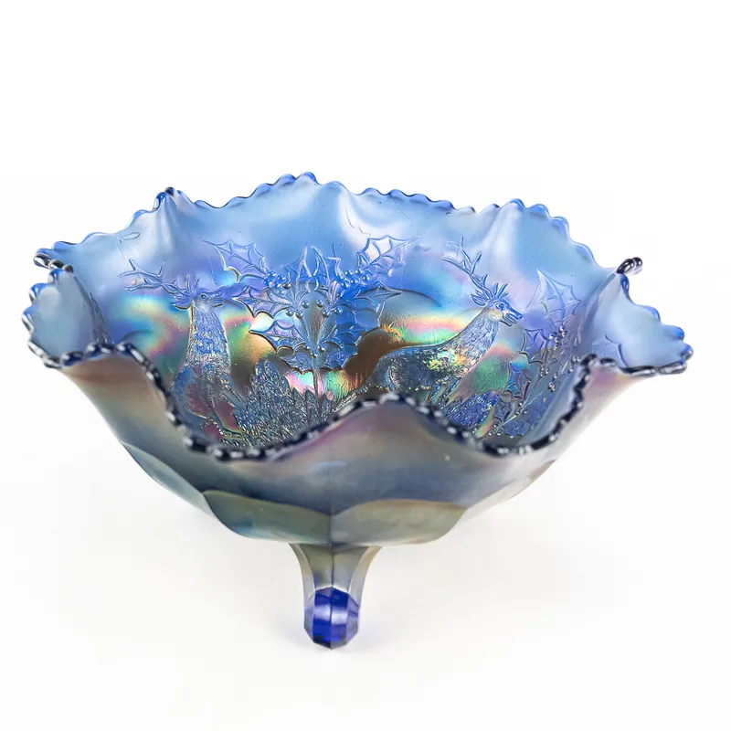 Carnival Gls Fenton Stag & Holly Lg Ftd Rufl Bowl from auction in Union, Illinois — image 45