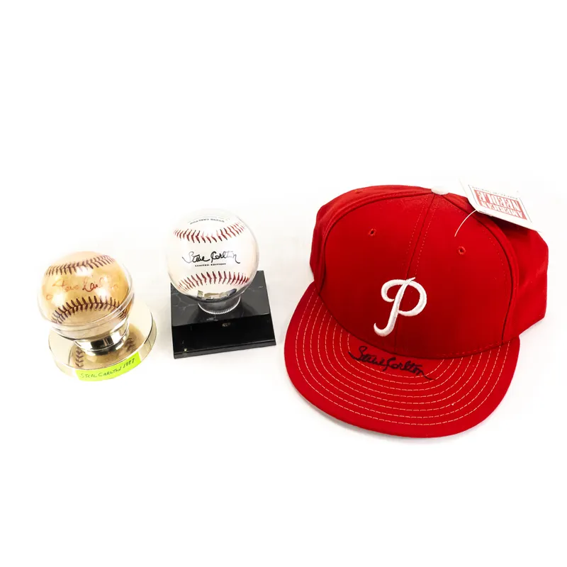Steve Carlton Autographed Baseball & Phillies Hat from auction in Union, Illinois — image 25