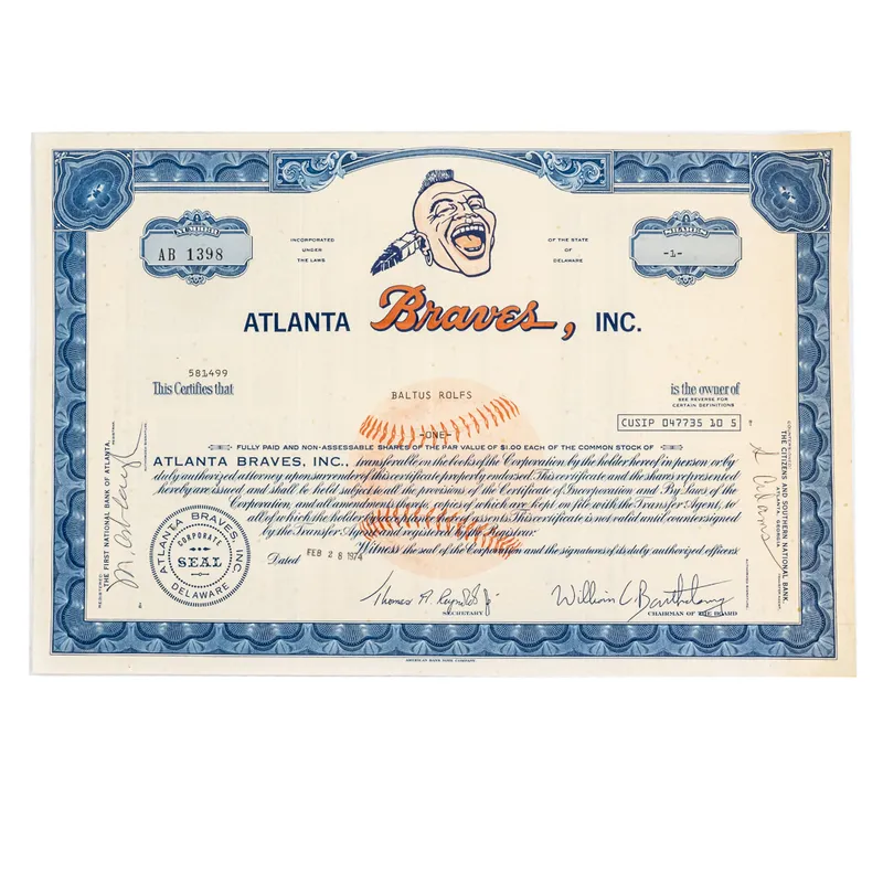 1974 Atlanta Braves Inc. One MLB Stock Share from auction in Union, Illinois — image 28