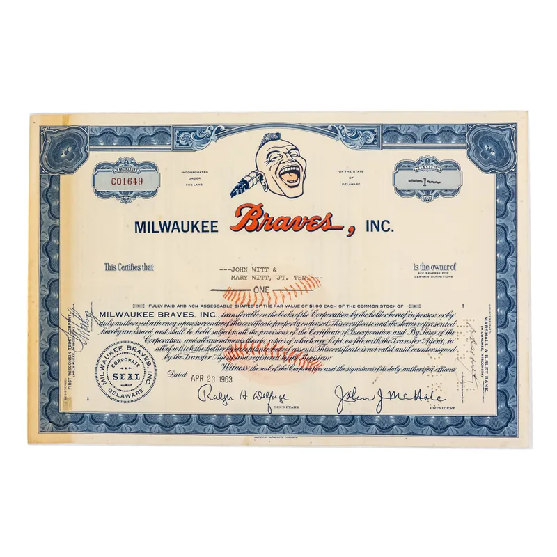 1963 Milwaukee Braves One MLB Stock Share from auction in Union, Illinois — image 29
