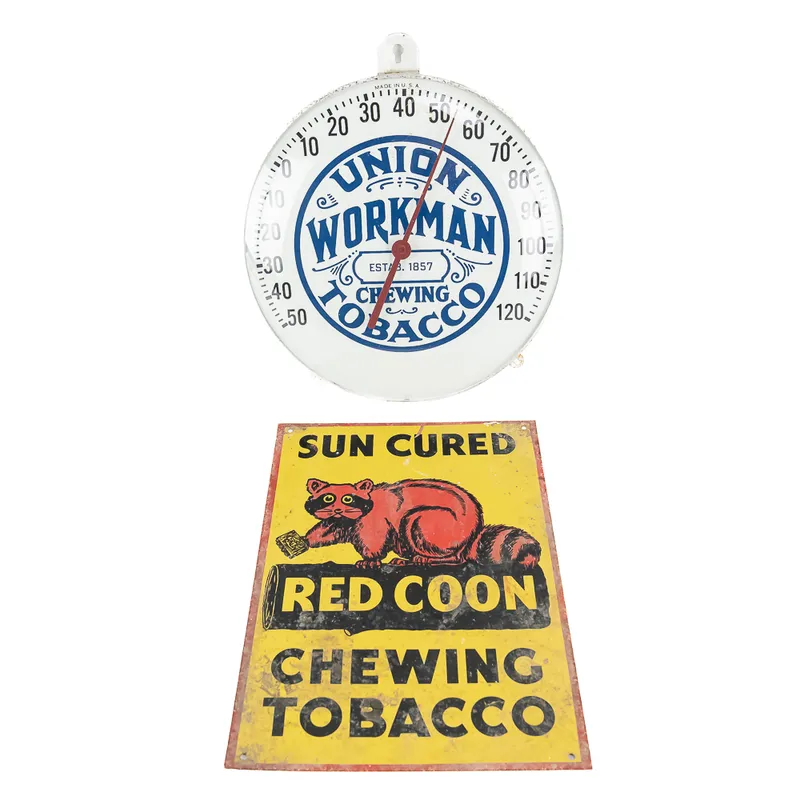 Red Coon Tobacco & Union Workman Advertising Sign+ from auction in Union, Illinois — image 39