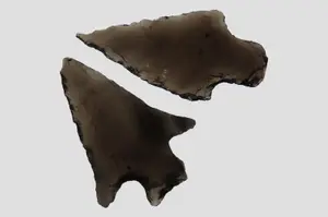 Lot of 2 Sauvie Island Shoulder-Notched Bird Points, Obsidian, Modoc Co., California, Ex. Vernon Leudke Collection