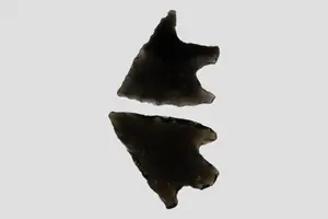 Lot of 2 Sauvie Island Shoulder-Notched Bird Points, Obsidian, Modoc Co., California, Ex. Vernon Leudke Collection